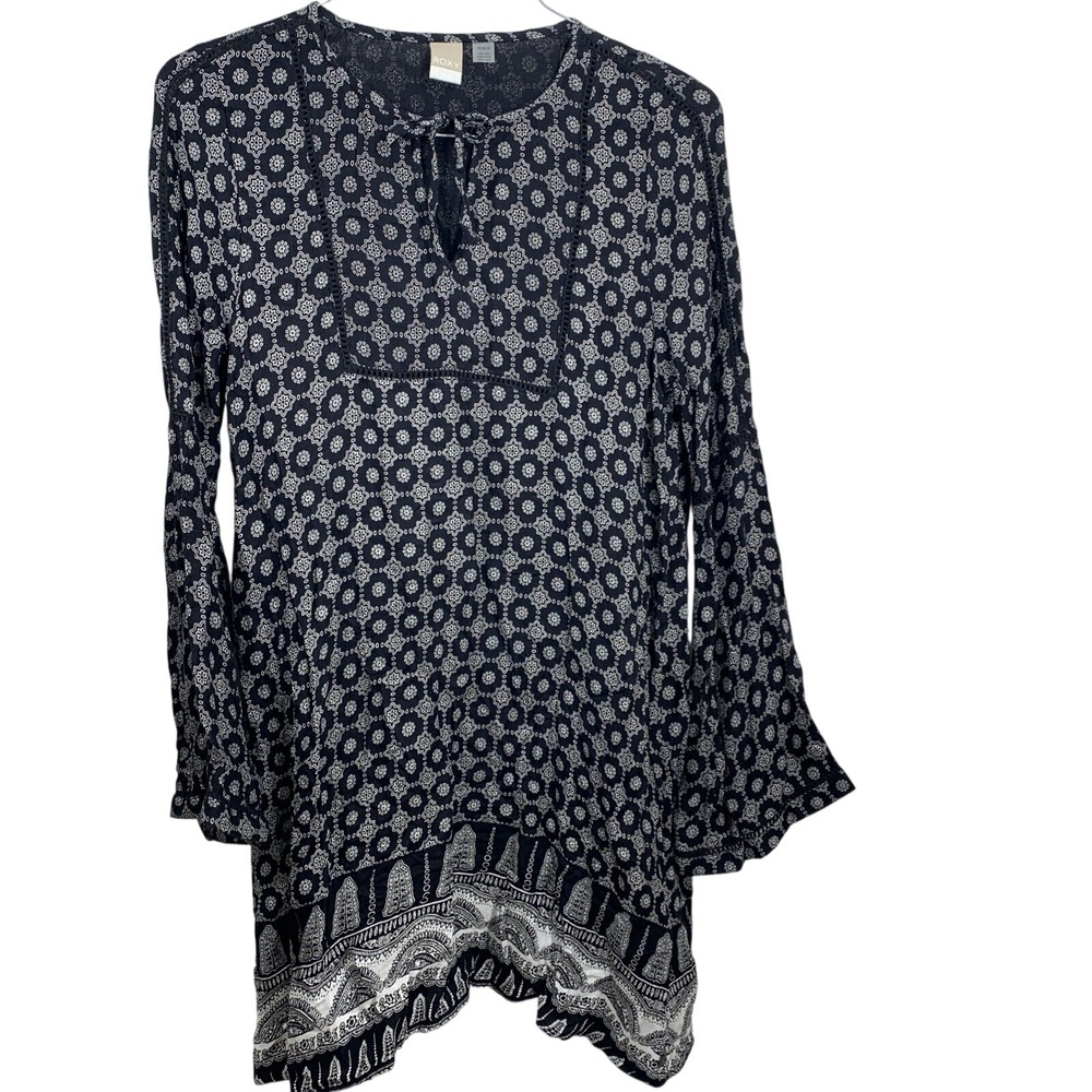 Roxy Tunic Blouse Womens Medium Navy Blue White‎ Boho Bell Sleeve Split Tie Neck